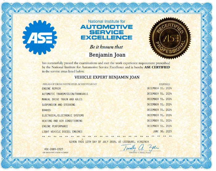 ASE certification of Vehicle expert Benjamin Joan