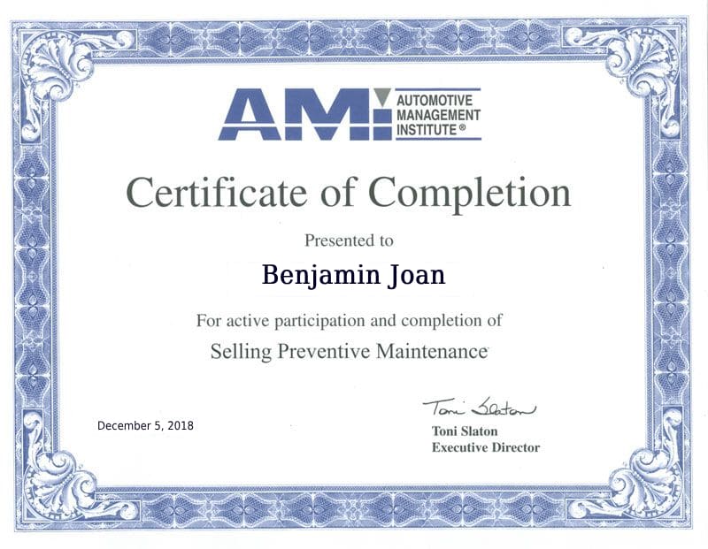 Automotive Management Institute (AMI) Certification Of Vehicle expert Benjamin Joan